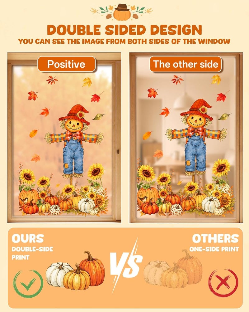 JMHACHY Fall Window Clings - 9 Sheets 116 Pcs Fall Decorations for Autumn Thanksgiving Harvest Home Party, Pumpkin Leaves Truck Maple Sunflowers Stickers for Glass, Double-Sided Static Window Decals - Image 3